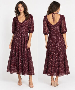 Johnny Was Jade Malaga Burgundy Eyelet Embroidered Midi Dress Women’s S